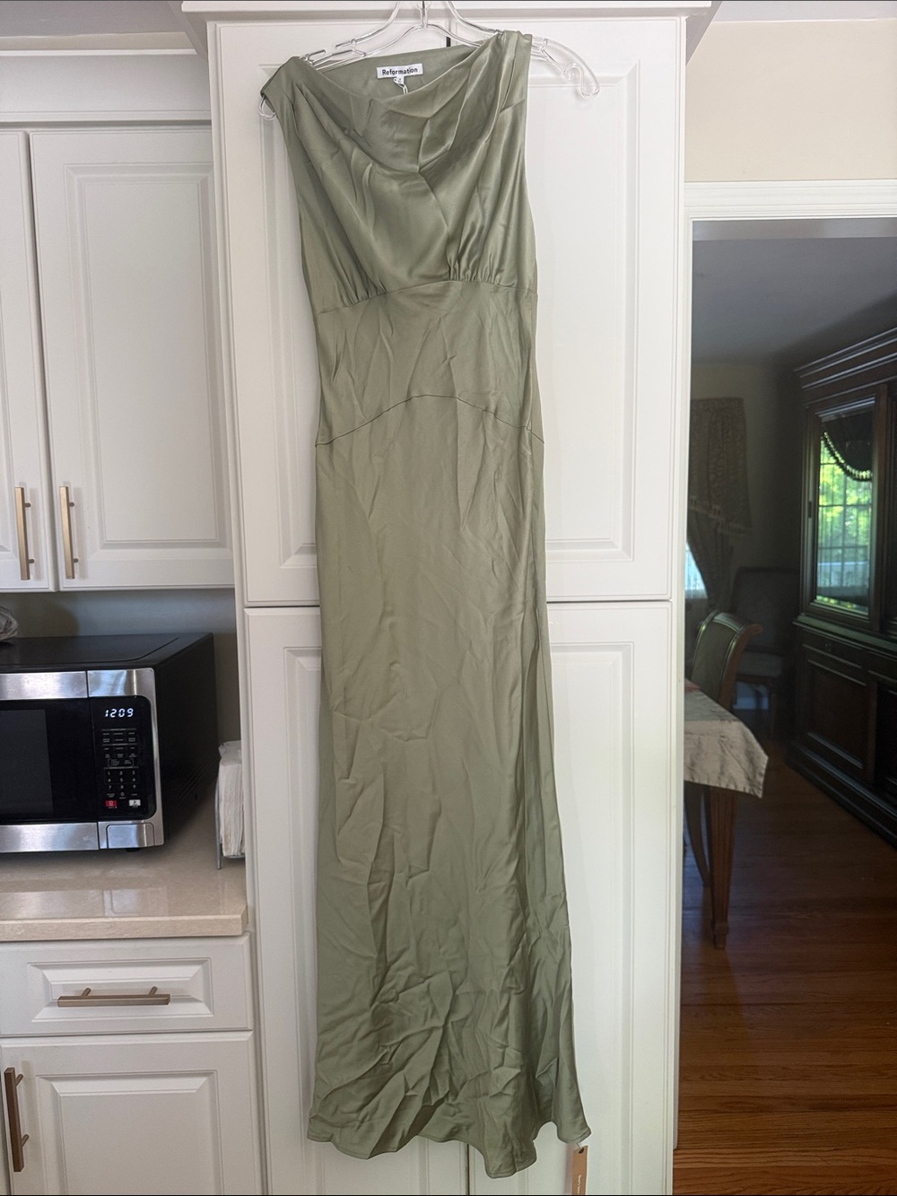 reformation Olive Green Satin Evening Gown